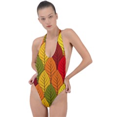 Autumn Leaves Backless Halter One Piece Swimsuit by designsbymallika
