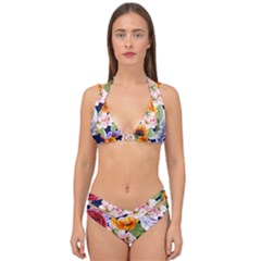 Watercolor Print Floral Design Double Strap Halter Bikini Set by designsbymallika