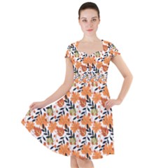 Black Orange Autumn Leaves Pattern Cap Sleeve Midi Dress by designsbymallika