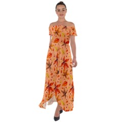Orange Brown Leaves Off Shoulder Open Front Chiffon Dress by designsbymallika