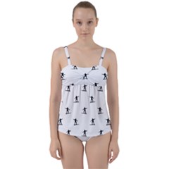 Black And White Surfing Motif Graphic Print Pattern Twist Front Tankini Set by dflcprintsclothing