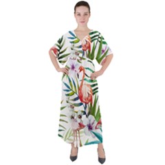 Tropical Flamingo V-neck Boho Style Maxi Dress by goljakoff