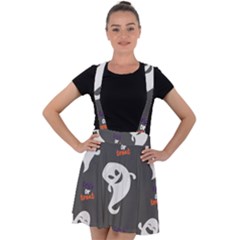 Halloween Ghost Trick Or Treat Seamless Repeat Pattern Velvet Suspender Skater Skirt by KentuckyClothing