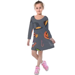 Halloween Themed Seamless Repeat Pattern Kids  Long Sleeve Velvet Dress by KentuckyClothing