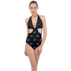 Formula One Black And White Graphic Pattern Halter Front Plunge Swimsuit by dflcprintsclothing