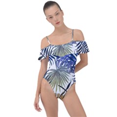 Blue And Yellow Tropical Leaves Frill Detail One Piece Swimsuit by goljakoff