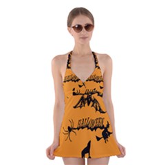 Happy Halloween Scary Funny Spooky Logo Witch On Broom Broomstick Spider Wolf Bat Black 8888 Black A Halter Dress Swimsuit  by HalloweenParty