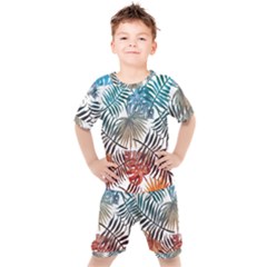 Blue Tropical Leaves Kids  Tee And Shorts Set by goljakoff