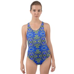 Gold And Blue Fancy Ornate Pattern Cut-out Back One Piece Swimsuit by dflcprintsclothing