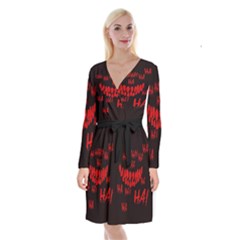 Demonic Laugh, Spooky Red Teeth Monster In Dark, Horror Theme Long Sleeve Velvet Front Wrap Dress by Casemiro