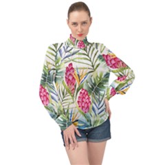 Tropical Flowers High Neck Long Sleeve Chiffon Top by goljakoff
