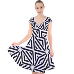 Black And White Abstract Lines, Geometric Pattern Cap Sleeve Front Wrap Midi Dress by Casemiro