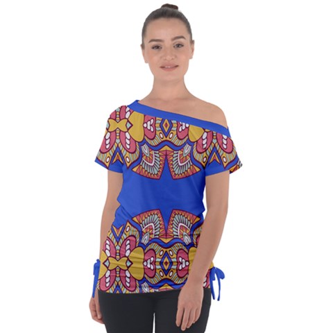 Yellow Red Shapes On A Blue Background                                                         Off Shoulder Tie-up Tee by LalyLauraFLM