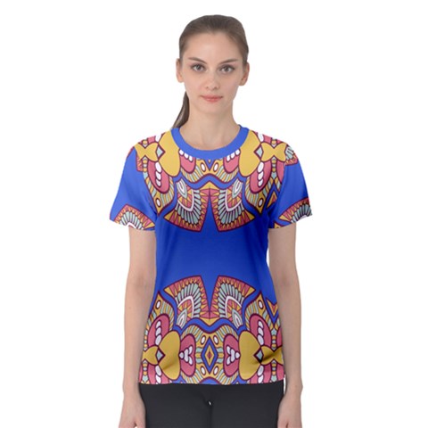 Yellow Red Shapes On A Blue Background                                                          Women s Sport Mesh Tee by LalyLauraFLM