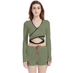 Calliste Green - Velvet Wrap Crop Top And Shorts Set by FashionLane