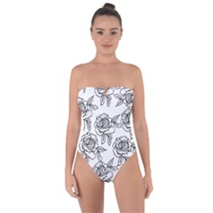 Line Art Black And White Rose Tie Back One Piece Swimsuit by MintanArt