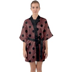 Large Black Polka Dots On Bole Brown - Half Sleeve Satin Kimono  by FashionLane
