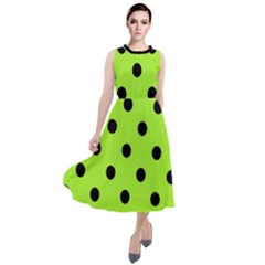 Large Black Polka Dots On Chartreuse Green - Round Neck Boho Dress by FashionLane