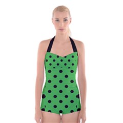 Large Black Polka Dots On Just Green - Boyleg Halter Swimsuit  by FashionLane