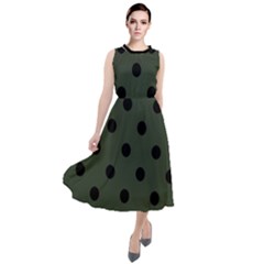Large Black Polka Dots On Kombu Green - Round Neck Boho Dress by FashionLane