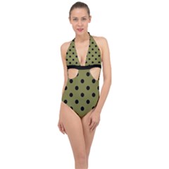 Large Black Polka Dots On Woodbine Green - Halter Front Plunge Swimsuit by FashionLane
