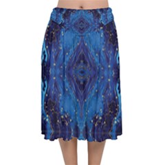 Blue Golden Marble Print Velvet Flared Midi Skirt by designsbymallika