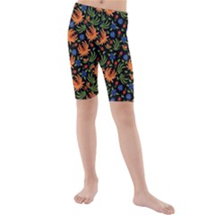 Orange Flowers Pattern Kids  Mid Length Swim Shorts by designsbymallika