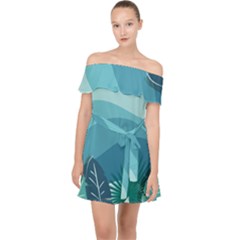 Illustration Of Palm Leaves Waves Mountain Hills Off Shoulder Chiffon Dress