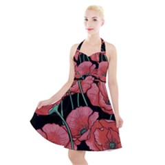 Red Flowers Halter Party Swing Dress  by goljakoff