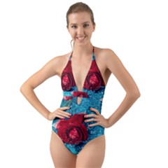 Red Roses In Water Halter Cut-out One Piece Swimsuit by Audy