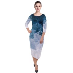 Blue Ocean Waves Quarter Sleeve Midi Velour Bodycon Dress by goljakoff