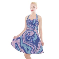 Blue Vivid Marble Pattern 10 Halter Party Swing Dress  by goljakoff