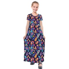 Paisley Baatik Purple Print Kids  Short Sleeve Maxi Dress by designsbymallika