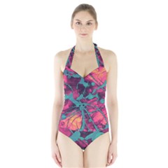 Pink And Turquoise Alcohol Ink Halter Swimsuit by Dazzleway