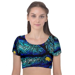Sea-fans-diving-coral-stained-glass Velvet Short Sleeve Crop Top  by Sapixe