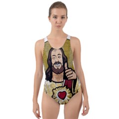 Buddy Christ Cut-out Back One Piece Swimsuit by Valentinaart