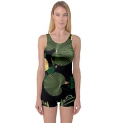 Tropical Vintage Yellow Hibiscus Floral Green Leaves Seamless Pattern Black Background  One Piece Boyleg Swimsuit by Sobalvarro