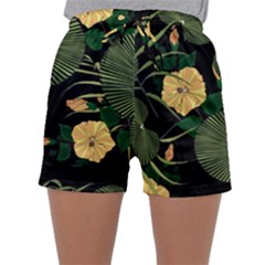 Tropical Vintage Yellow Hibiscus Floral Green Leaves Seamless Pattern Black Background  Sleepwear Shorts by Sobalvarro