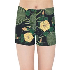 Tropical Vintage Yellow Hibiscus Floral Green Leaves Seamless Pattern Black Background  Kids  Sports Shorts by Sobalvarro