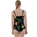 Tropical vintage yellow hibiscus floral green leaves seamless pattern black background. Twist Front Tankini Set View2