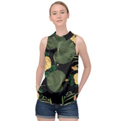 Tropical Vintage Yellow Hibiscus Floral Green Leaves Seamless Pattern Black Background  High Neck Satin Top by Sobalvarro