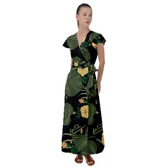 Tropical Vintage Yellow Hibiscus Floral Green Leaves Seamless Pattern Black Background  Flutter Sleeve Maxi Dress by Sobalvarro