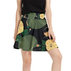 Tropical Vintage Yellow Hibiscus Floral Green Leaves Seamless Pattern Black Background  Waistband Skirt by Sobalvarro