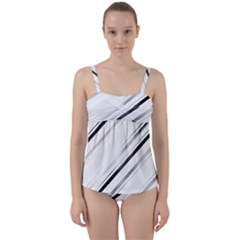 High Contrast Minimalist Black And White Modern Abstract Linear Geometric Style Design Twist Front Tankini Set by dflcprintsclothing