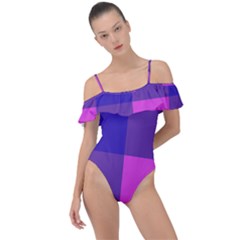 Blue And Pink Buffalo Plaid Check Squares Pattern Frill Detail One Piece Swimsuit by yoursparklingshop
