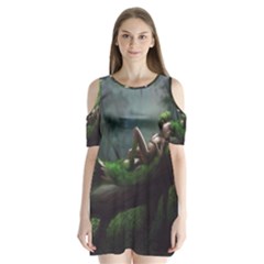 Wooden Child Resting On A Tree From Fonebook Shoulder Cutout Velvet One Piece by 2853937