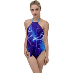 Blue Thunder Lightning At Night, Graphic Art Go With The Flow One Piece Swimsuit by picsaspassion