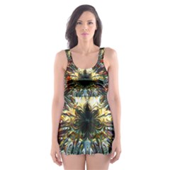 Multicolor Floral Art Copper Patina  Skater Dress Swimsuit by CrypticFragmentsDesign