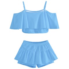 Color Light Sky Blue Kids  Off Shoulder Skirt Bikini by Kultjers