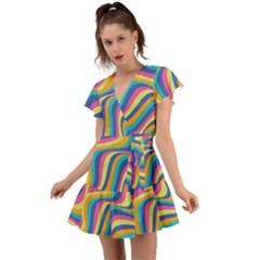 Psychedelic Groocy Pattern Flutter Sleeve Wrap Dress by designsbymallika